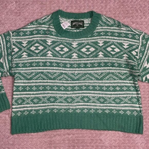 American Eagle Womens Green Oversized Fair Isle Knit Sweater - Picture 1 of 5